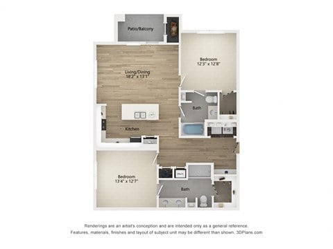 Floor plan for 2 beds, 2 baths, 1183 sqft